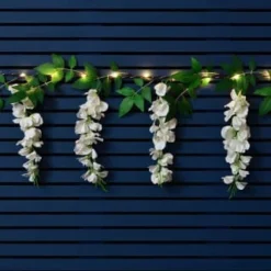 Solar Powered 180cm Artificial Leaf Garland With Wisteria Flowers - Warm White -Cheap A Fresh Garden Store 379258 180cm solar powered artificial leaf garland with wisteria flowers 20 warm white micro leds 3